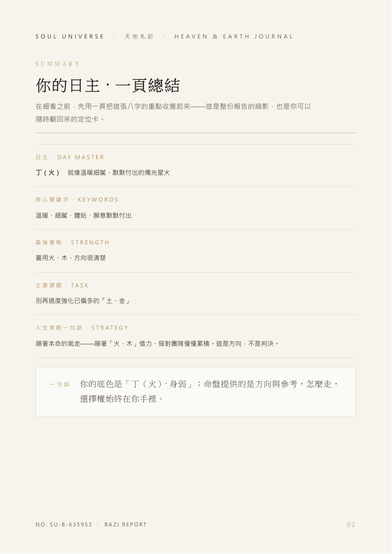 八字命書樣本:你的日主一頁總結(虛構生辰)